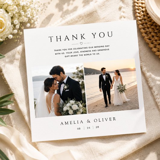 ミニマリストの二枚の写真の結婚式カスタムスクエアデザイン サンキューカード