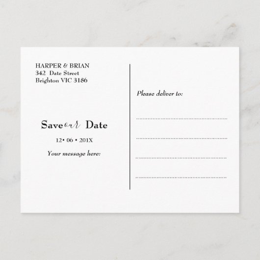ミニマリストの写真結婚、日付はがきを保存 案内ポストカード (裏面)