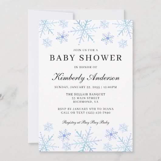 ミニマリストの冬の雪片ベビーシャワー 招待状 (正面)