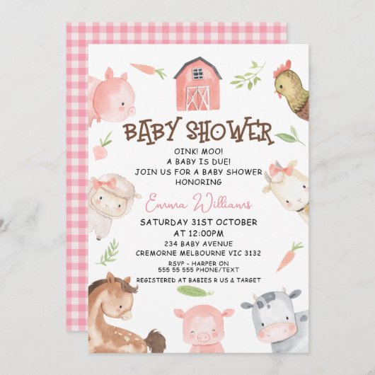 ミニマリストの女の子ファームをテーマにした赤ちゃんシャワー 招待状 (正面/裏面)