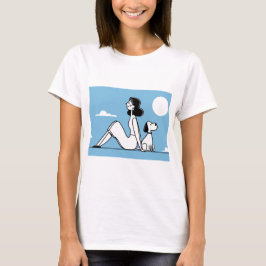 ミニマリストの女性と犬のイラスト Tシャツ