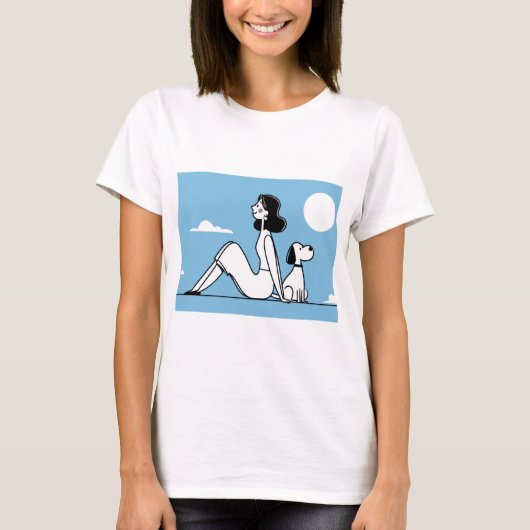 ミニマリストの女性と犬のイラスト Tシャツ (正面)