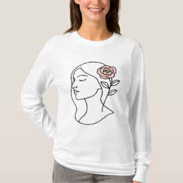 ミニマリストの女性の顔とバラ – フェミニンなラインアート Tシャツ