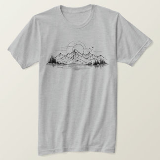 ミニマリストの山と湖の自然の線画 Tシャツ