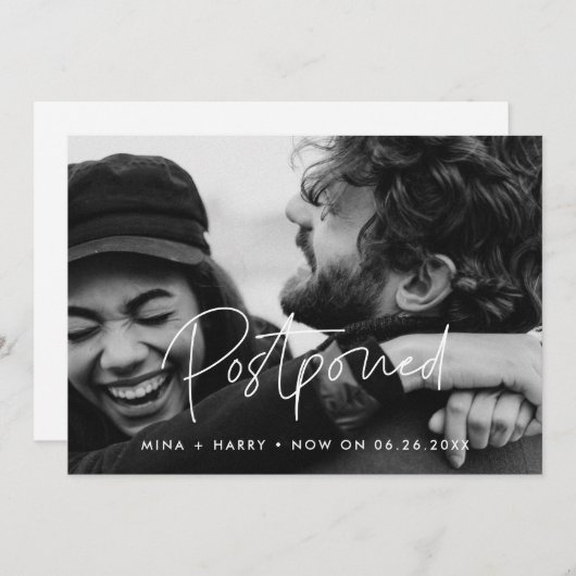 ミニマリストの延期された結婚式の最新情報写真 案内状 (正面/裏面)