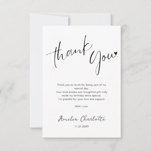 ミニマリストの手書きスクリプトハートバースデー サンキューカード (正面)