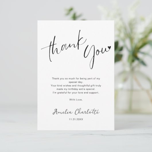 ミニマリストの手書きスクリプトハートバースデー サンキューカード (スタンド正面)