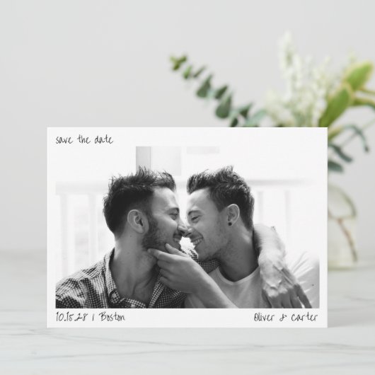 ミニマリストの手書きスクリプト 大きな写真 現代 セーブザデート (スタンド正面)