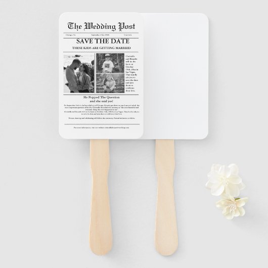 ミニマリストの新聞結婚式の日付を保存 ハンドファン (正面&裏面)