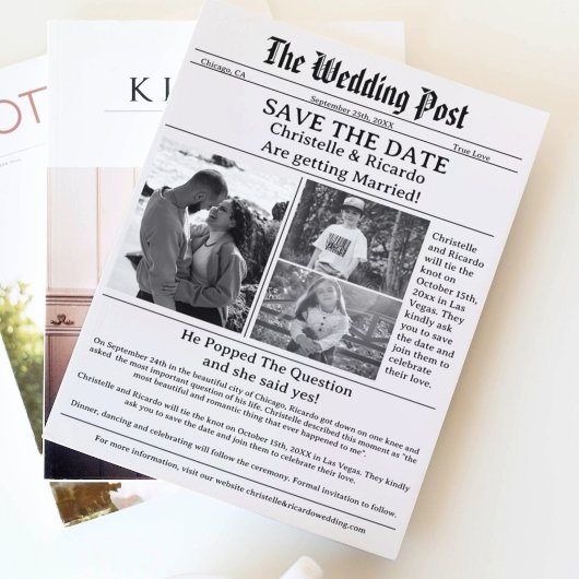 ミニマリストの新聞結婚式の日付を保存 招待状