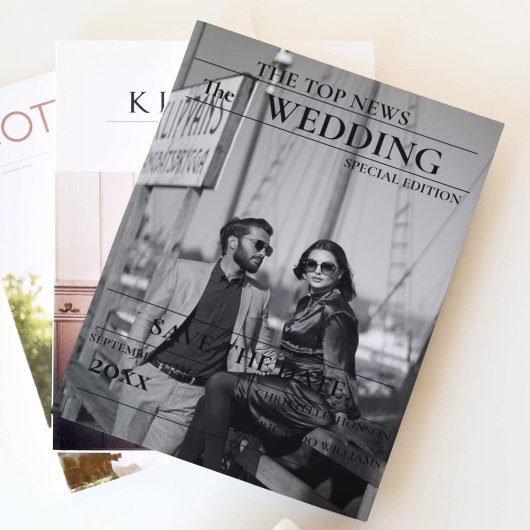 ミニマリストの新聞結婚式の日付を保存 招待状