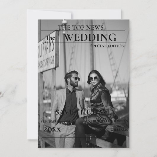 ミニマリストの新聞結婚式の日付を保存 招待状 (正面)