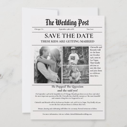 ミニマリストの新聞結婚式の日付を保存 招待状 (裏面)