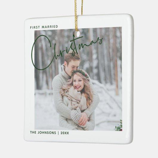 ミニマリストの最初の結婚したクリスマススクリプトの写真 セラミックオーナメント (左)