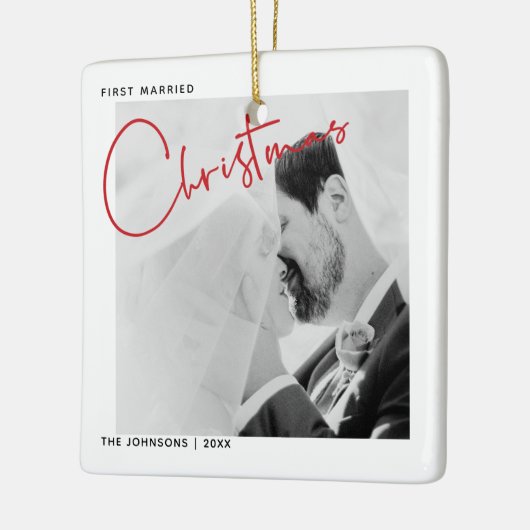 ミニマリストの最初の結婚したクリスマススクリプトの写真 セラミックオーナメント (左)