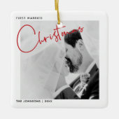 ミニマリストの最初の結婚したクリスマススクリプトの写真 セラミックオーナメント (正面)