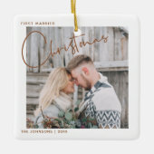 ミニマリストの最初の結婚したクリスマススクリプトの写真 セラミックオーナメント (正面)