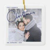 ミニマリストの最初の結婚したクリスマススクリプトの写真 セラミックオーナメント (正面)