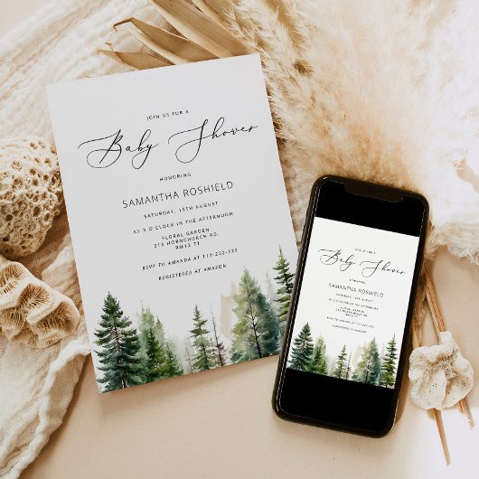 ミニマリストの森の松の木のベイビーシャワー 招待状