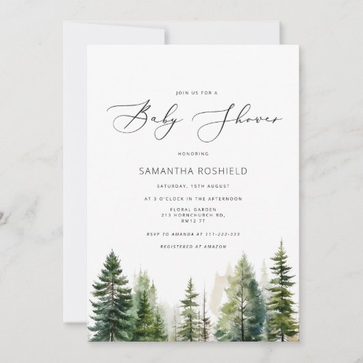 ミニマリストの森の松の木ベビーシャワー 招待状 (正面)