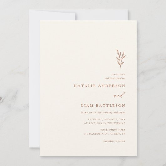 ミニマリストの植物燃えたオレンジ結婚のインビタティ 招待状 (正面)