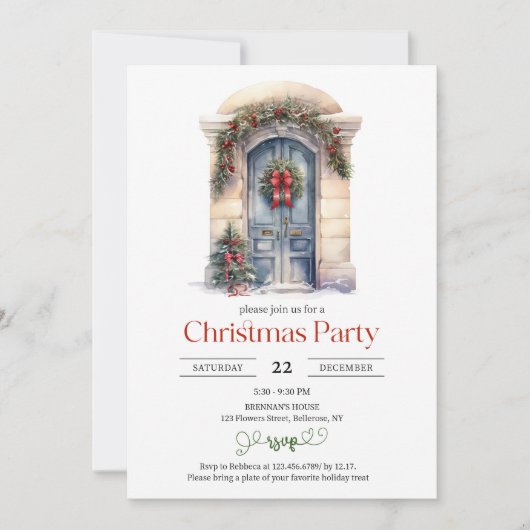 ミニマリストの水の色の素朴な木製クリスマスドア 招待状 (正面)