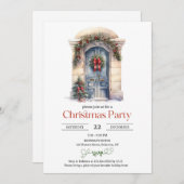 ミニマリストの水の色の素朴な木製クリスマスドア 招待状 (正面/裏面)