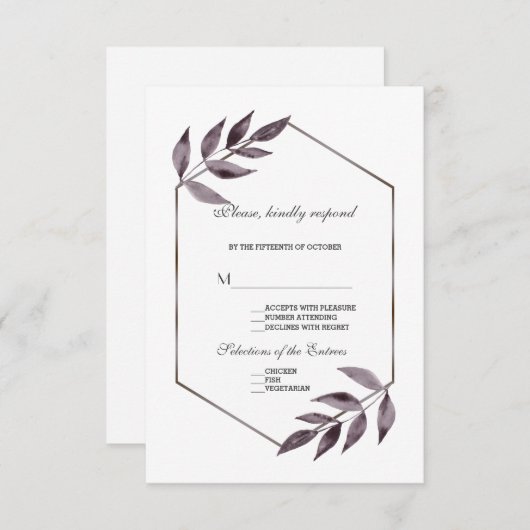 ミニマリストの水彩色のインク葉のダイヤモンド結婚ズ 出欠カード (正面/裏面)