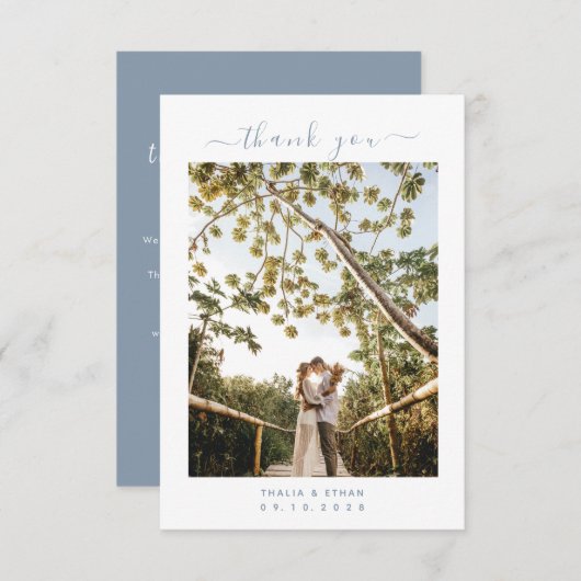 ミニマリストの淡いエレガント青（写真付き）結婚 サンキューカード (正面/裏面)