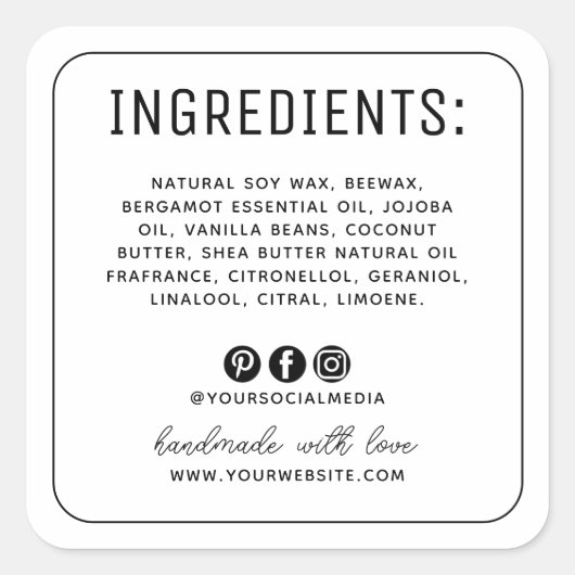 ミニマリストの白いソーシャルメディアの成分ラベル スクエアシール (正面)