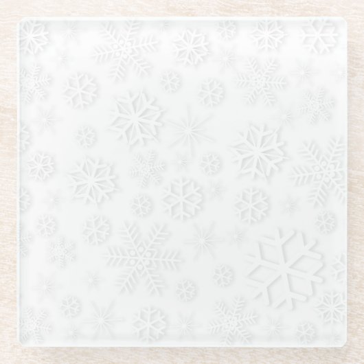 ミニマリストの白い雪片パターン ガラスコースター (正面)