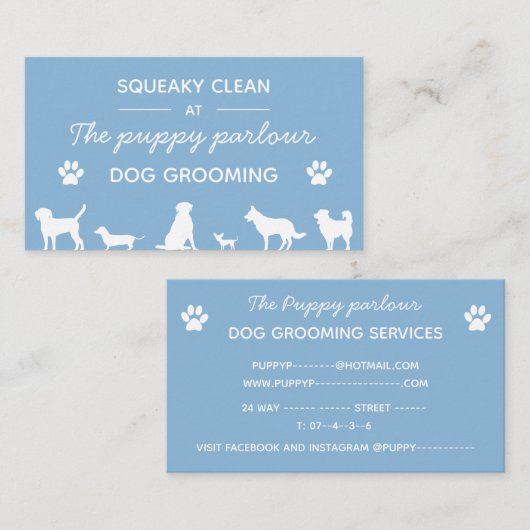 ミニマリストの白と青のタイポグラフィ犬グルーミング 名刺 (正面/裏面)