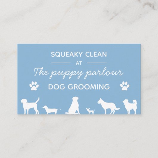 ミニマリストの白と青のタイポグラフィ犬グルーミング 名刺 (正面)