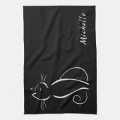 ミニマリストの白猫が黒追加名 キッチンタオル (縦)