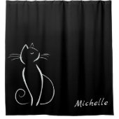 ミニマリストの白猫が黒追加名 シャワーカーテン (正面)