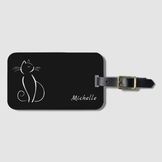 ミニマリストの白猫が黒追加名 ラゲッジタグ (正面横)