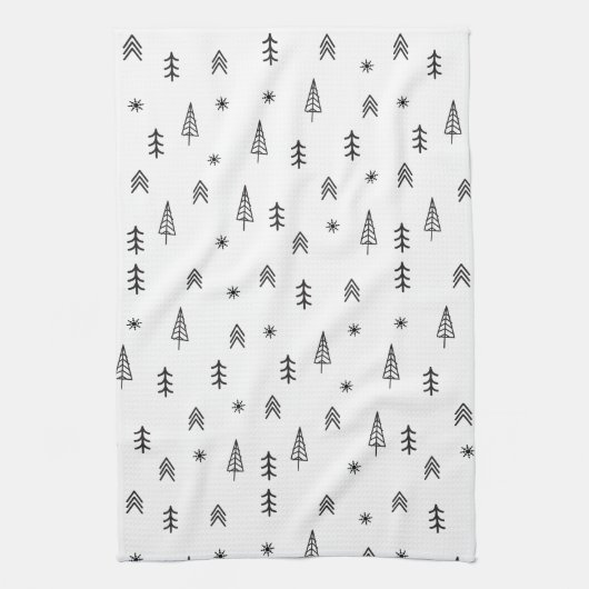 ミニマリストの白黒の冬の森のパターン キッチンタオル (縦)