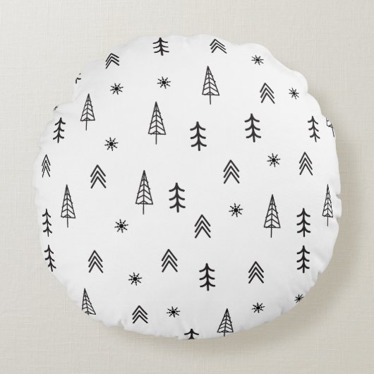 ミニマリストの白黒の冬の森のパターン ラウンドクッション (正面)