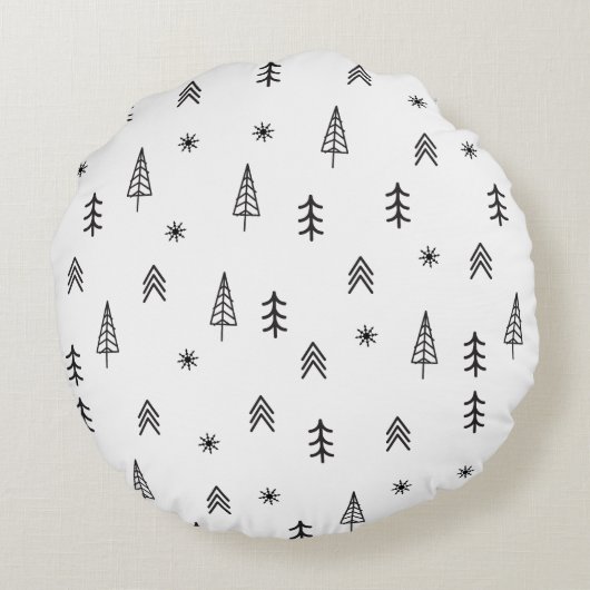 ミニマリストの白黒の冬の森のパターン ラウンドクッション (裏面)