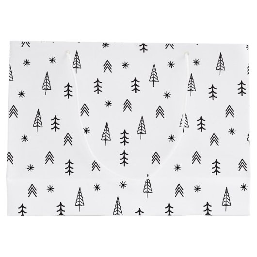 ミニマリストの白黒の冬の森のパターン ラージペーパーバッグ (裏面)