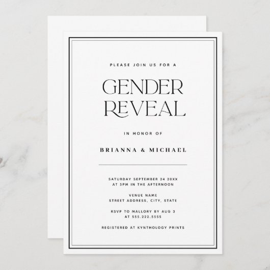 ミニマリストの白黒の性別の表示 招待状 (正面/裏面)