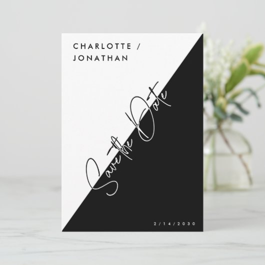 ミニマリストの白黒の日付の結婚保存 招待状 (スタンド正面)