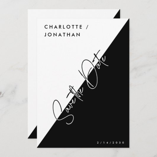 ミニマリストの白黒の日付の結婚保存 招待状 (正面/裏面)
