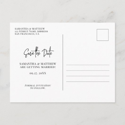 ミニマリストの白黒の結婚式の日付を保存 案内ポストカード (裏面)