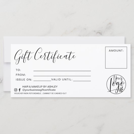 ミニマリストの白黒ギフト証明書のロゴ (正面)