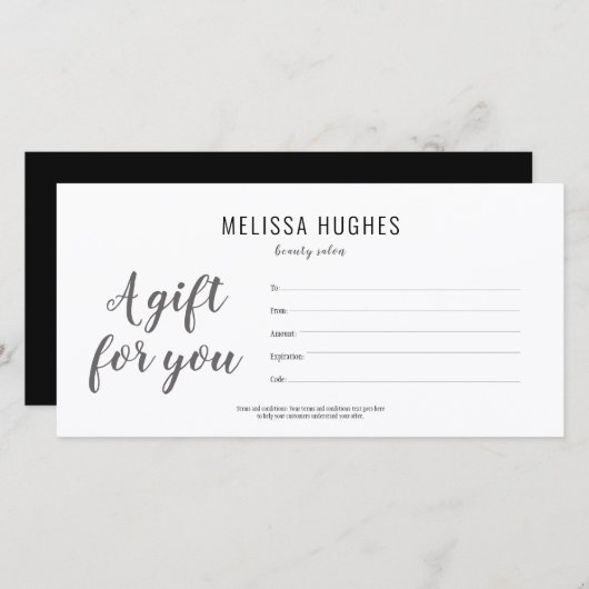 ミニマリストの白黒スクリプトギフト証明書 (正面/裏面)