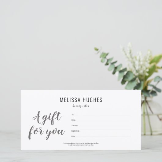 ミニマリストの白黒スクリプトギフト証明書 (スタンド正面)