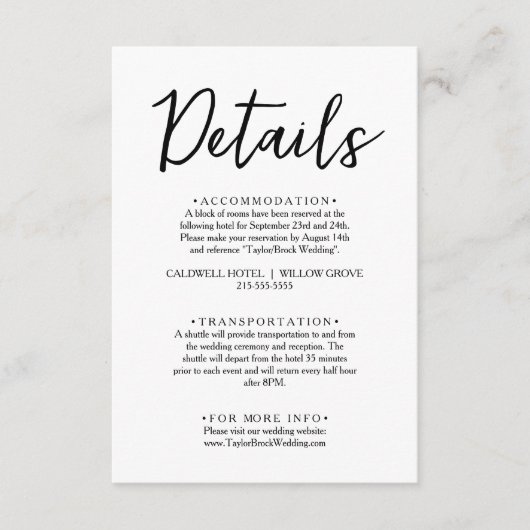 ミニマリストの白黒スクリプト結婚の詳細 エンクロージャーカード (正面)