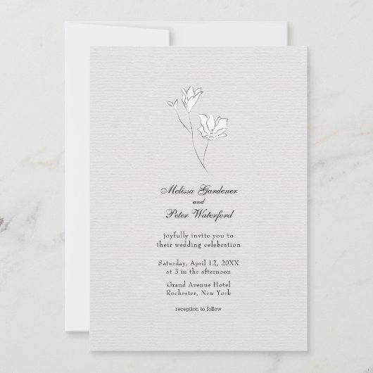 ミニマリストの白黒フラワースケッ結婚チズ 招待状 (正面)