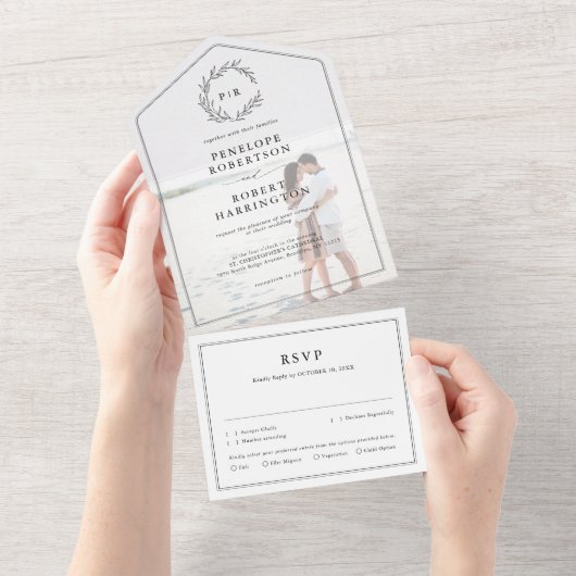 ミニマリストの白黒モダンの結婚写真 オールインワン招待状 (貼ってはがせる)